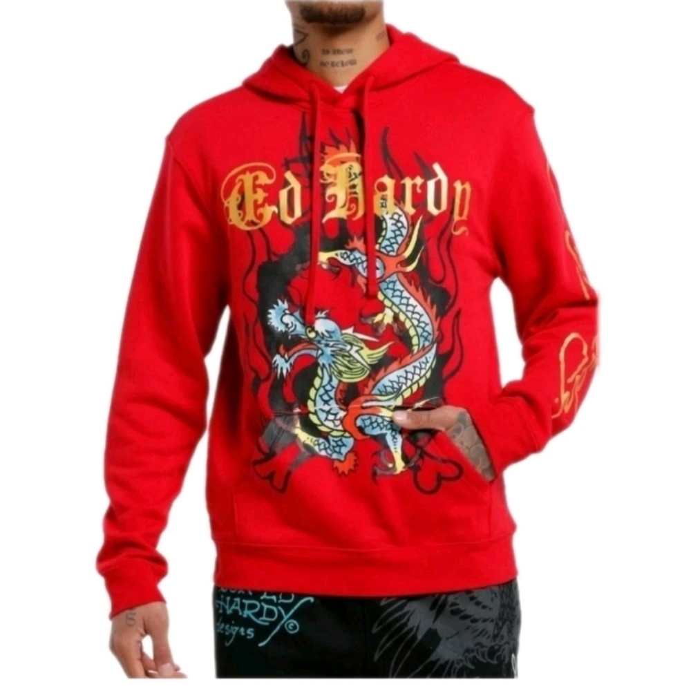 💕Ed Hardy Dragon Mens/Women's Adult Large Red Graphic Fleece Hoodie NWT $70 - Picture 1 of 3